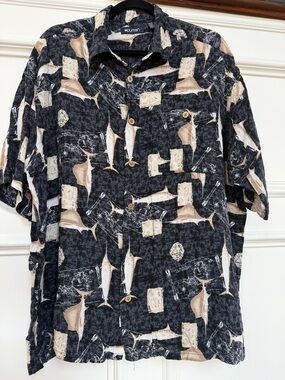 Puritan Black Short-Sleeve Button-Down Shirt with Tan Print